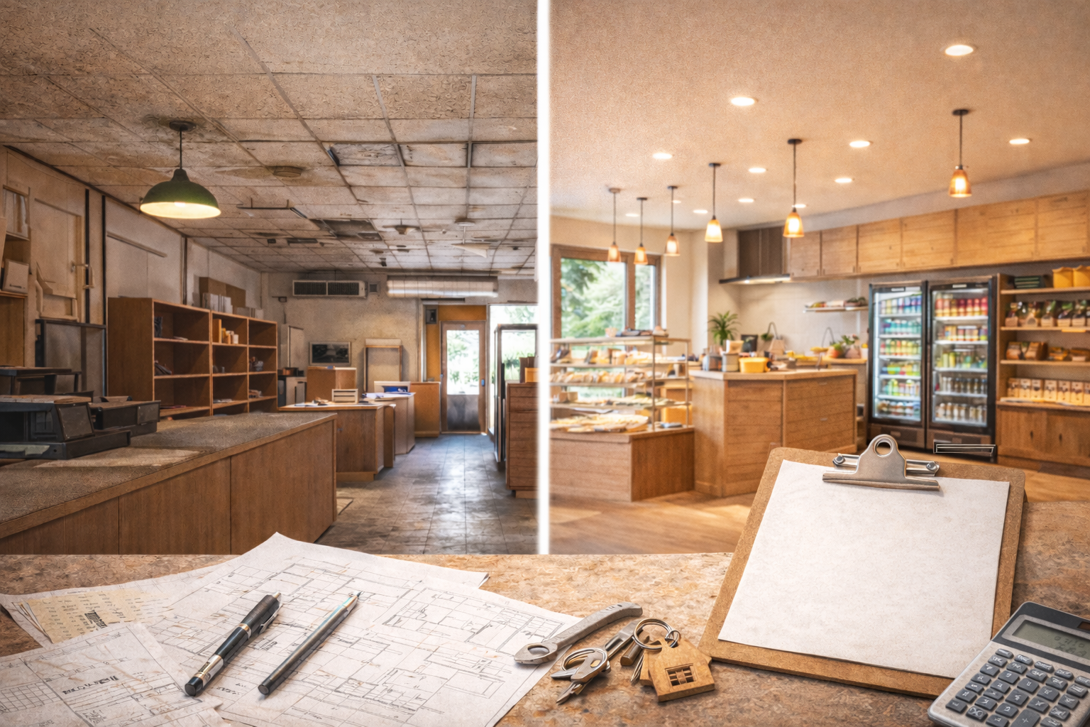 老朽化した店舗内装と、リフォーム後に明るく整えられた店舗内装を左右に並べて比較したビフォーアフターの様子。