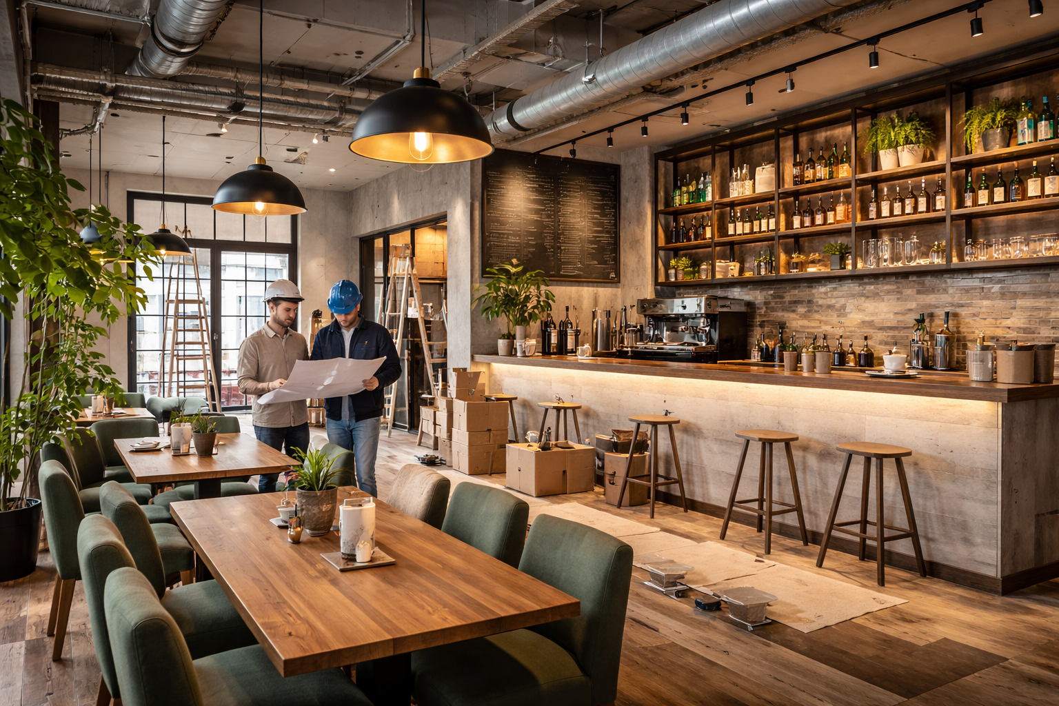 カフェ店舗をリフォーム中の内装現場で図面確認を行う施工スタッフの様子